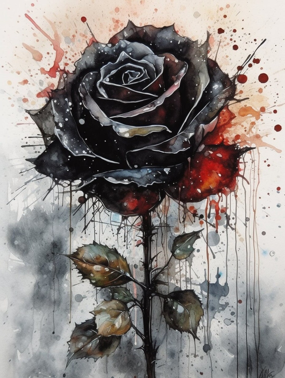 Gothic Black Rose Watercolor Painting Digital Print Etsy