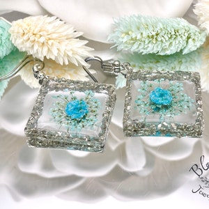 Real Blue Flowers Diamond Shape Silver Rock Frame  Earrings