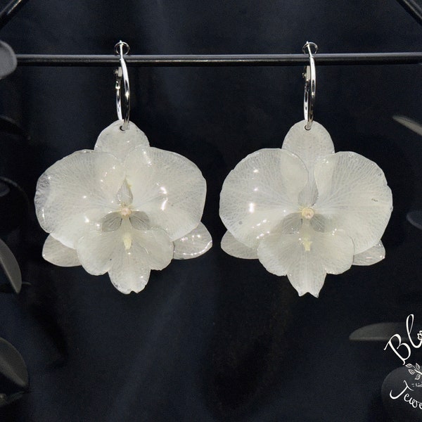 REAL ORCHID Earrings, Large Snowy White Orchids Preserved Real Flowers, Silver Hypoallergenic Hoops, Orchid Lovers Gift!