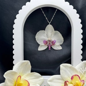 REAL ORCHID Flower Necklace, Large White & Purple Preserved Orchid, Silver Twist Chain. Orchid Lovers Gift!