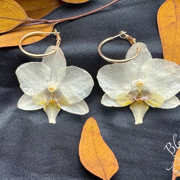 REAL ORCHID Earrings, Creamy White Orchids Preserved Real Flowers, Gold Hoops, Orchid Lovers Gift!