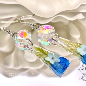 Blue Real Flower & Fern Triangle Earrings w/ Real Austrian AB Crystal