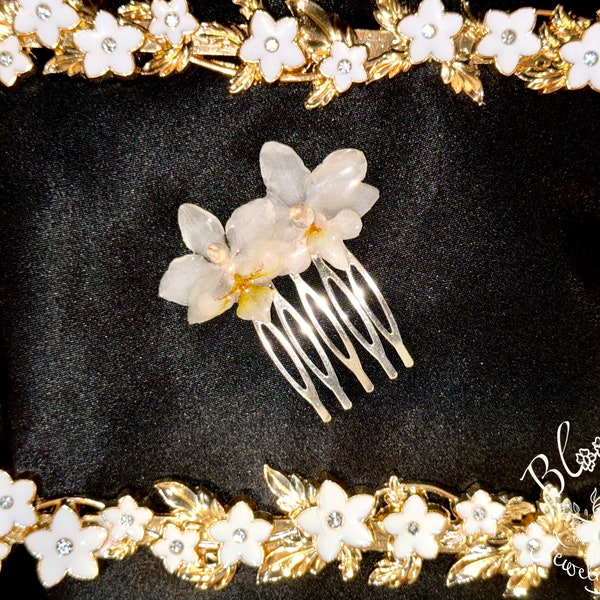 Real Orchid Twin Flower Mini Hair Pin Comb, Hair Bun, Braid, Island Hair Accent