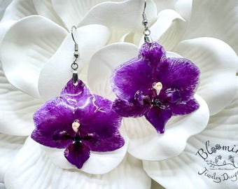 Stunning Royal Purple REAL Orchid Earrings, Magnificent Preserved Flowers, Silver Hypoallergenic Hooks. Orchid Lovers Gift!