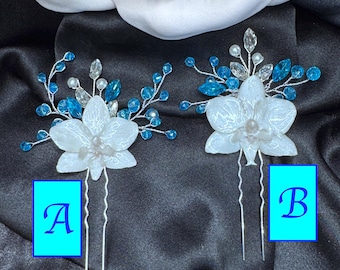 ローレ様からの特別注文品 - 本物の蘭とブルークリスタル＆パールを使用したヘアアクセサリー