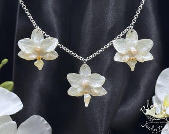 Exquisite & Ethereal Triple REAL ORCHID Flower Necklace. White Satin Pearl Finish on Silver Chain, Phalaenopsis Orchid Lovers Gift!