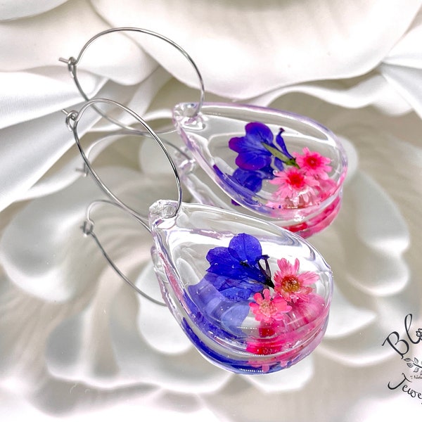 Real Pink, Purple Blue Lobelia Flowers in Clear Teardrop Earrings on Silver Hoops