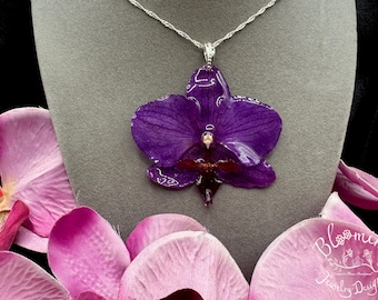 Rich Royal Purple Orchid Necklace, Stunning Variegated Definition, Lovely Phalaenopsis Orchid, Sparkling Silver Chain. Orchid Lovers Gift!