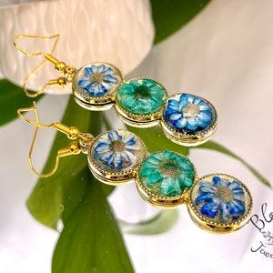 Real Green & Blue Star Flowers on Gold Triple Stack Round Cabochon Earrings