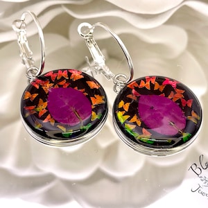 Real Bougainvillea Leaves on Holographic Rainbow Butterfly Glitter Hoop Earrings