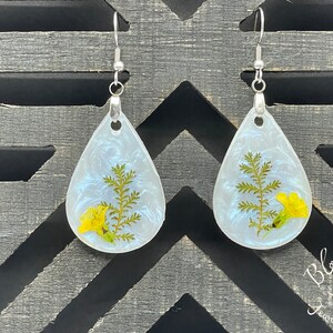 Pearl Satin Teardrop Earrings with Real Yellow Flowers & Ferns