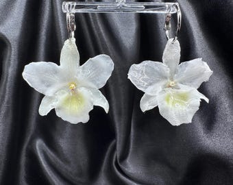 Orchid Earrings: Real Dendrobium Flowers, Pearl White, Fairy Tale Bridal, Bridal Gift