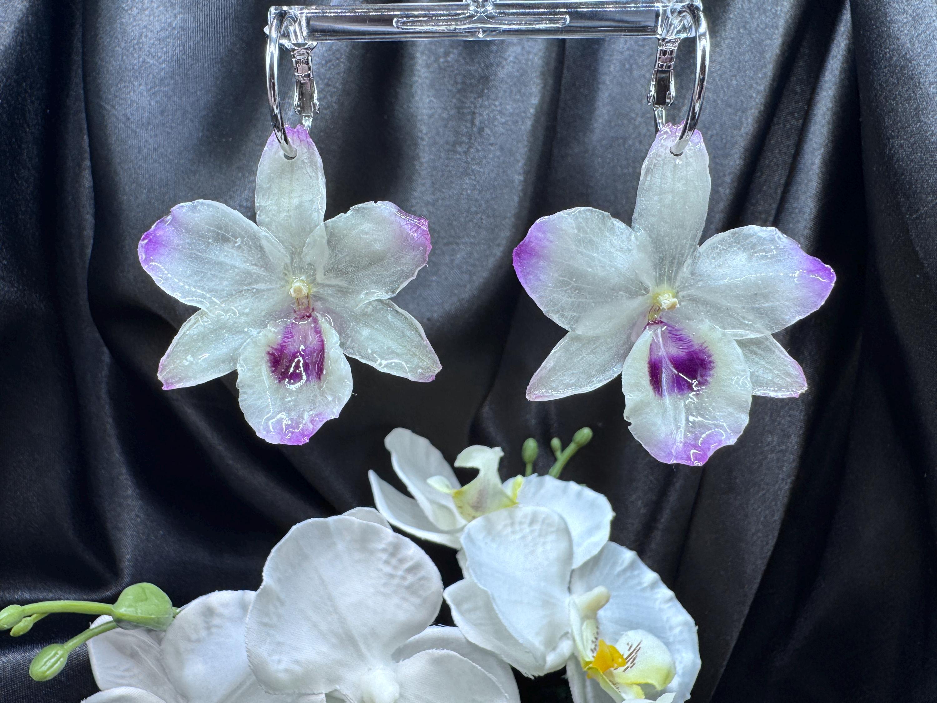 Sophisticated REAL Dendrobium ORCHID Earrings, Delicate White with Light & Dark Purple Accents, Hypoallergenic Hoops. Orchid Lovers Gift!