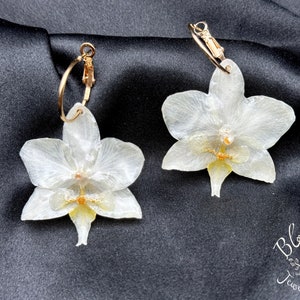 REAL ORCHID Earrings, Creamy White Orchids Preserved Real Flowers, Gold Hoops, Orchid Lovers Gift!