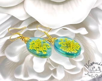 Real Yellow Queen Anne's Lace Flowers on  Blue Green Iridescent Oval Earrings