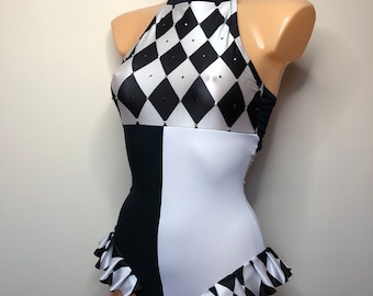 Dance Aerial Circus PIERROT-QUIN Costume Harlequin Pattern Halter Leotard