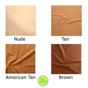 Puede incluir: Cuatro muestras de tela en diferentes tonos de marr&oacute;n, de claro a oscuro. Las muestras est&aacute;n etiquetadas como "Nude", "Tan", "American Tan" y "Brown".