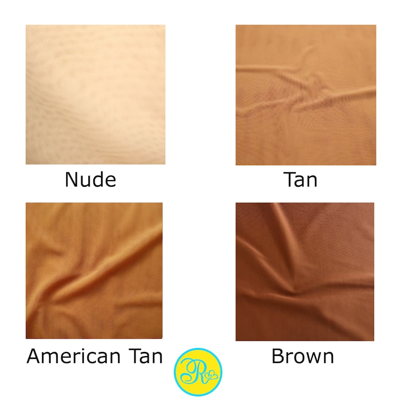 Puede incluir: Cuatro muestras de tela en diferentes tonos de marr&oacute;n, de claro a oscuro. Las muestras est&aacute;n etiquetadas como "Nude", "Tan", "American Tan" y "Brown".
