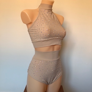 Dance Aerial Pole Circus Rhinestone Illusion Crystal Two Piece Costume