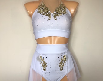 Dance Aerial Pole Circus ATHENA Two Piece Costume High Neck White and Gold Sweetheart Halter Top and High Waist Half Skirted Pants