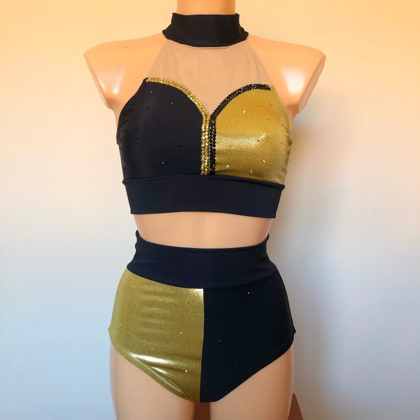 Black and Gold Dance Aerial Pole Circus Costume DUPLEXITY Two Piece Sweetheart Halterneck Top High Waisted Pants
