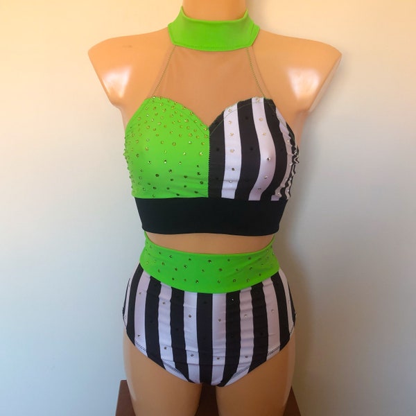 Dance Aerial Pole Circus Costume “GREEN HALLOWEEN” Two Piece Sweetheart Halterneck Top High Waisted Pants