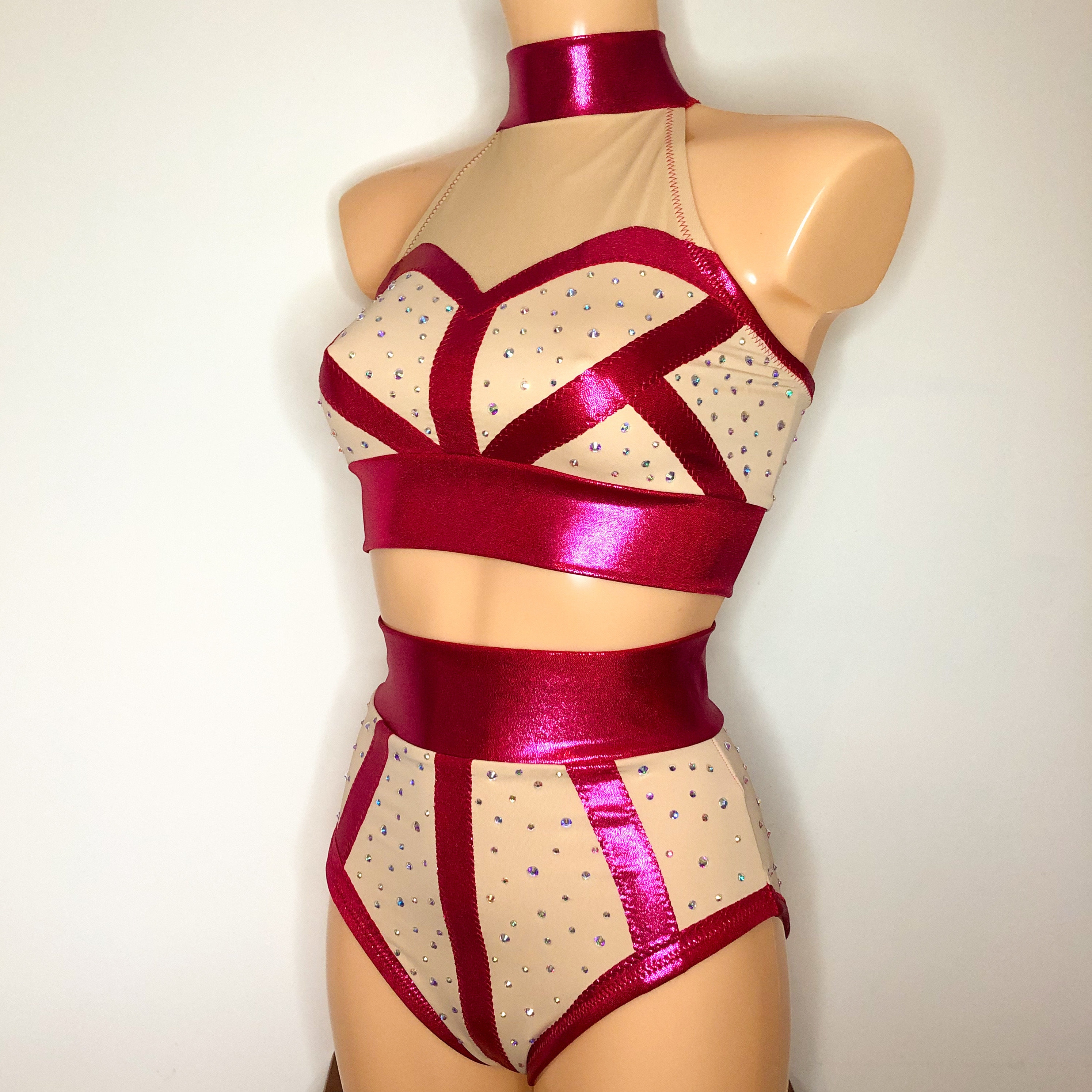 Dance Aerial Circus Pole TATI Cerise Two Piece Cage Costume