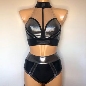 Silver and Black Aerial Circus Pole Costume Wrestling Gear