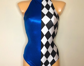 Aerial Circus JESTER Costume Harlequin Pattern Split Body Halter Leotard Clown Dance