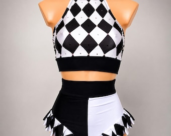 Dance Aerial Circus PIERROT-QUIN Costume Harlequin Pattern Halter Two Piece