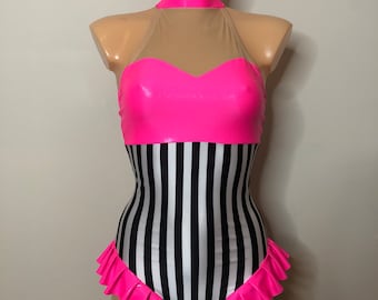 Dance Aerial Circus STRAWBERRY HUMBUG Costume Pink Striped Halter Leotard