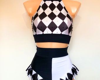 Dance Aerial Circus PIERROT-QUIN Costume Harlequin Pattern Halter Two Piece