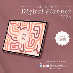 May include: A digital planner for 2026 on a tablet. The planner has a cream background with abstract orange and maroon lines. The text "ALL-IN-ONE Digital Planner 2026" is at the top. Includes bonus stickers and covers.
