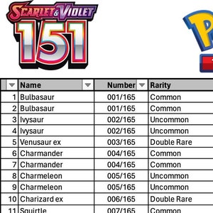 Hoja de cálculo - Lista de seguimiento de la colección maestra de Pokémon 151 - Pokémon TCG - Juego de cartas coleccionables Scarlet & Violet 151 Excel