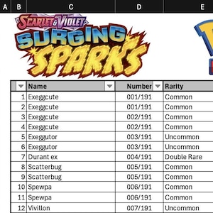Hoja de cálculo - Lista de seguimiento de la colección maestra de Pokémon Surging Sparks - Pokémon TCG - Juego de cartas coleccionables Scarlet & Violet Surging Sparks Excel