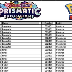 Feuille de calcul - Liste de suivi des séries principales Evolutions prismatiques Pokémon - Jeu de cartes à collectionner PEV écarlate et violet du JCC Pokémon Excel