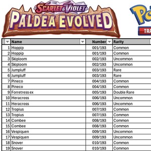 May include: A list of Pokémon trading cards from the "Scarlet & Violet - Paldea Evolved" set. The image includes the set logo, the Pokémon Trading Card Game logo, and a table with card names, numbers, rarity, and variant information.