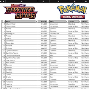 Hoja de cálculo - Rastreador de la lista maestra de Pokémon Destinados Rivales - Pokémon TCG - Juego de cartas coleccionables de Pokémon Destinados Rivales Escarlata y Violeta Excel