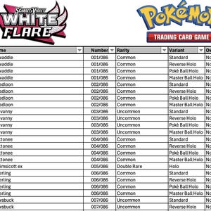 May include: A list of Pokémon trading cards from the Scarlet & Violet White Flare set. The list includes card names, numbers, rarity, variant, and ownership status. The Pokémon Trading Card Game logo is visible.