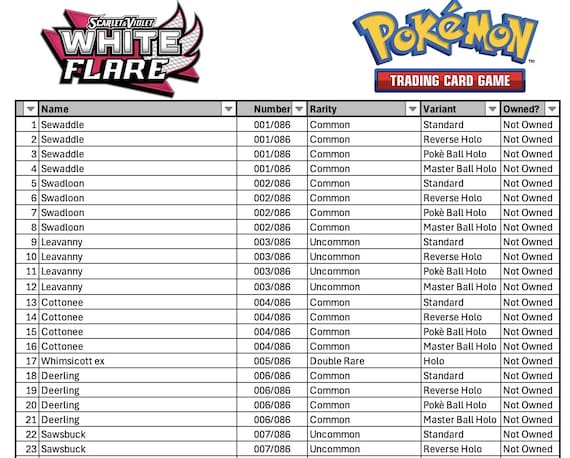 Pokemon White Flare Master Set List Tracker - Scarlet & Violet (excel  Spreadsheet) - Etsy