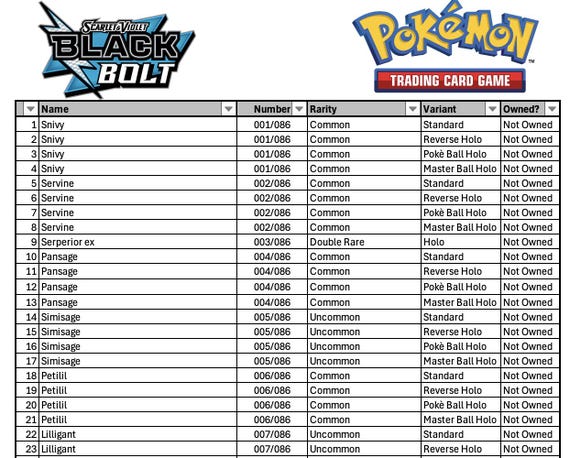 Pokemon Black Bolt Master Set List Tracker (excel Spreadsheet) - Etsy