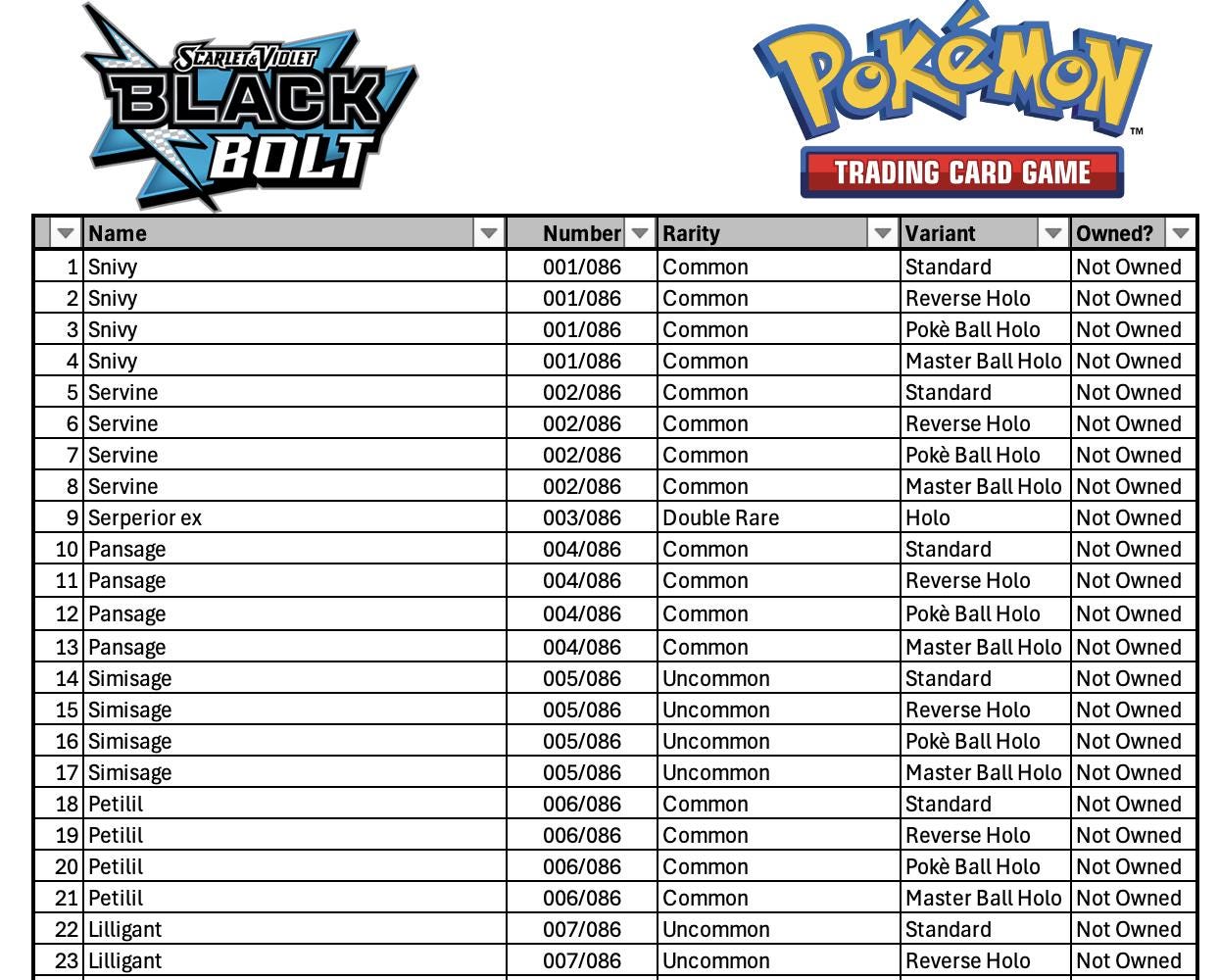 Pokemon Black Bolt Master Set List Tracker (excel Spreadsheet) - Etsy