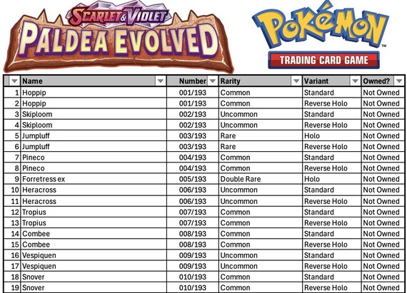 paldea evolved pokemon card list Spreadsheet - Pokemon Paldea Evolved Master Set List Tracker - Pokemon TCG  - Scarlet & Violet PAL Trading Card Game Excel