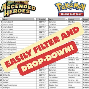 Puede incluir: Una lista de verificación de cartas de Pokémon con el logo "Mega Evolution Ascended Heroes". La lista incluye nombres, números, rareza y variantes de cartas. Una pancarta roja dice "EASILY FILTER AND DROP-DOWN!"