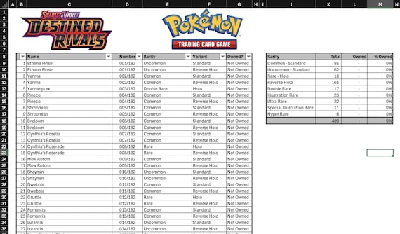 Pokemon TCG: Destined Rivals Master Set Tracker (Excel Spreadsheet)
