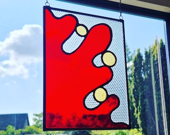 Lava stained glass window panel, leaded glasswork, tiffany craft, red home decoration, modern stained-glass art, cool artisan eye-catcher
