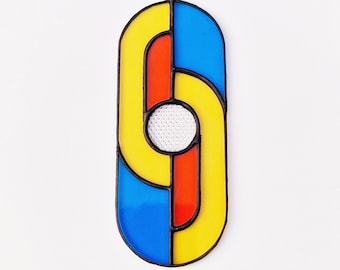 Bright stained glass yellow orange blue suncatcher, minimalistic window decoration, modern eye-catcher, trendy geometric design glasswork