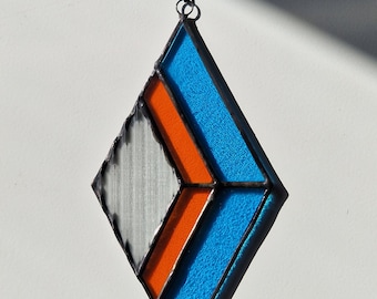 Bright stained glass orange blue suncatcher, minimalistic window decoration, modern eye-catcher, trendy wall, geometric design glasswork, art
