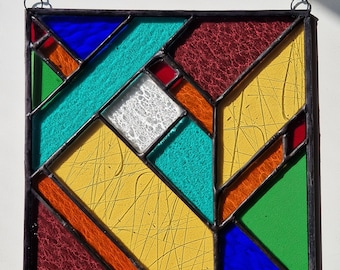 Multicolour stained glass window panel, leaded colorful glasswork, modern house furnishing, bright trendy artwork, geometric homeware, art
