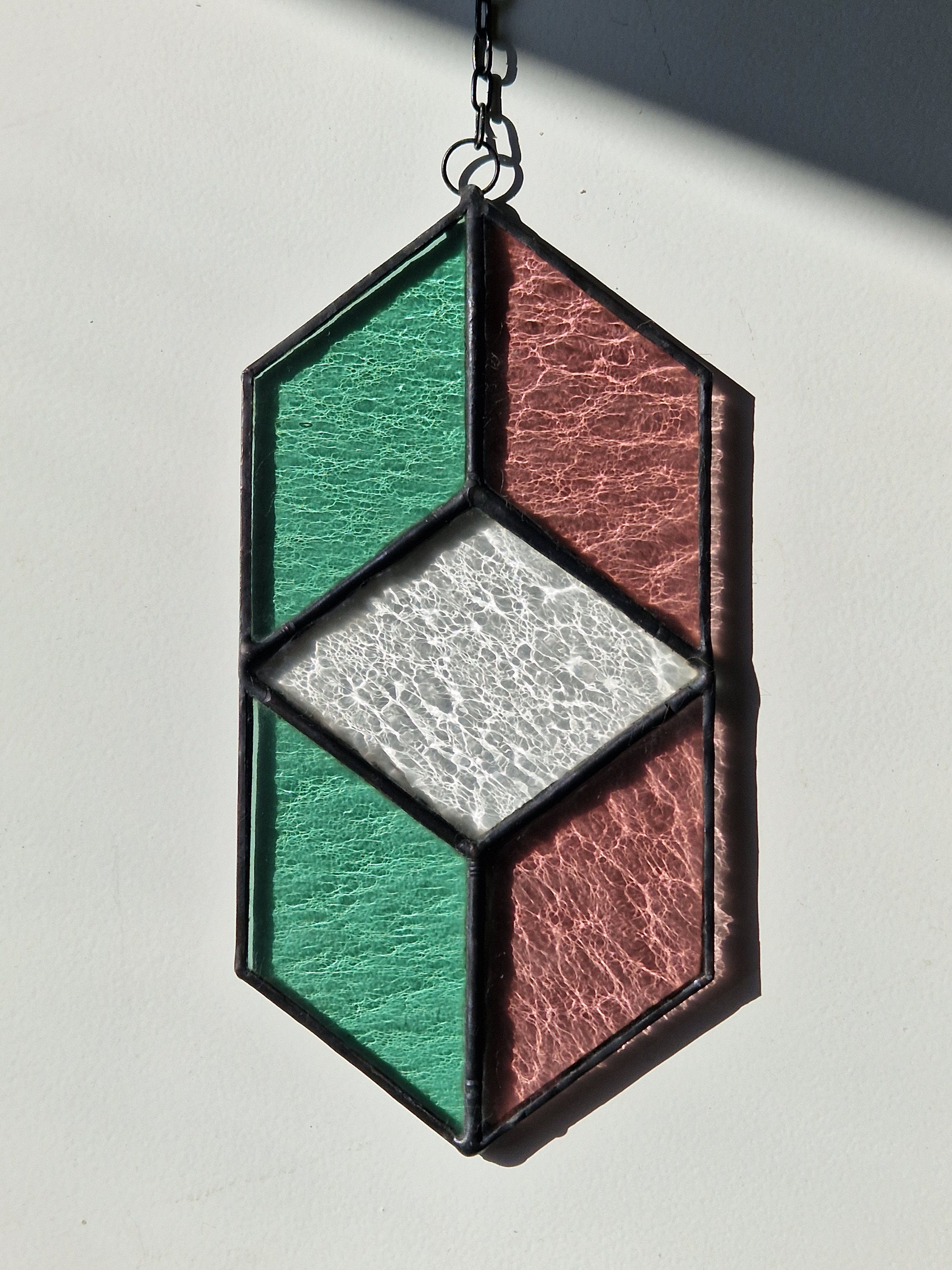 Modern Stained Glass Suncatcher, Pink Green Window Decoration